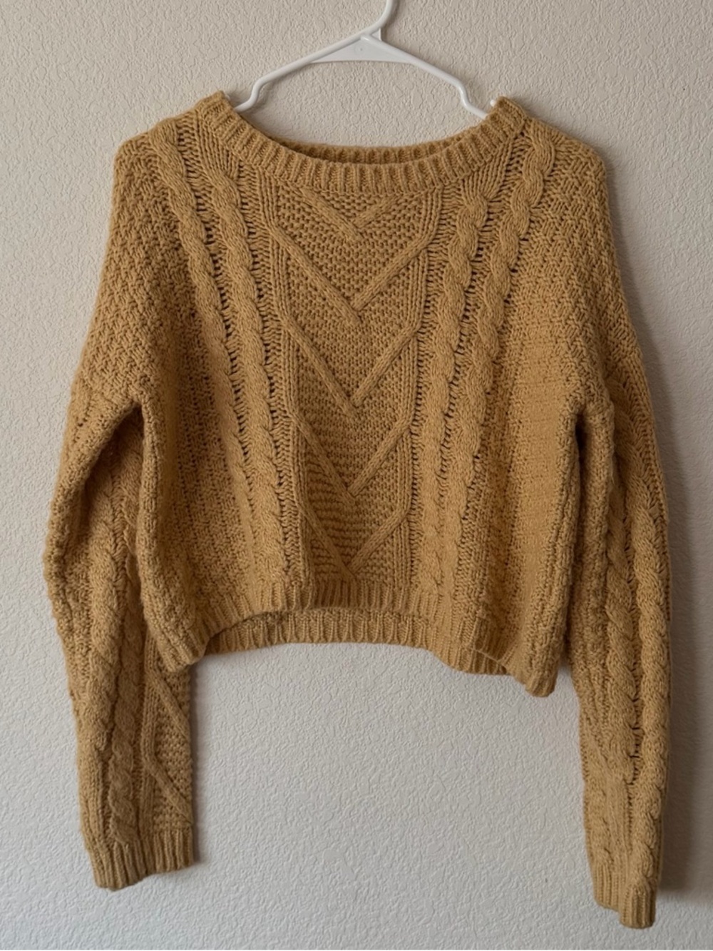 Cable-Knit Cropped Crew Sweater in Mustard
